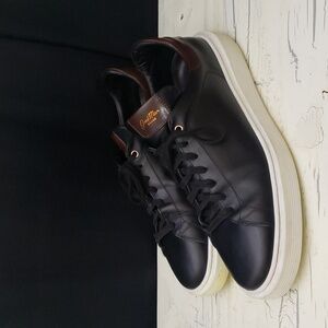 Men's Black Leather Sneakers with Brown Heel Accent